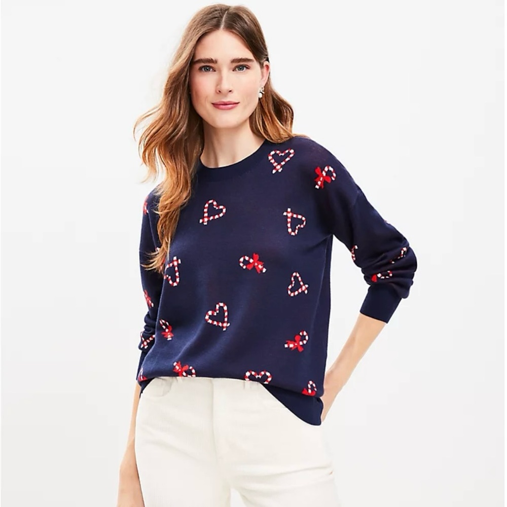 NWT Loft navy blue with candy cane sweater. Size XL